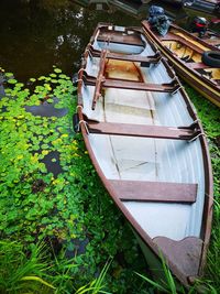 High angle view of boat floating on lake