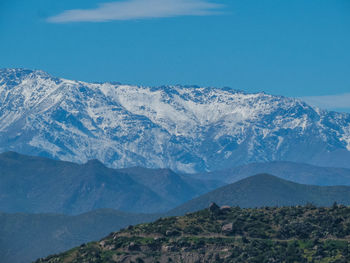 Scenic view of mountains against blue sky