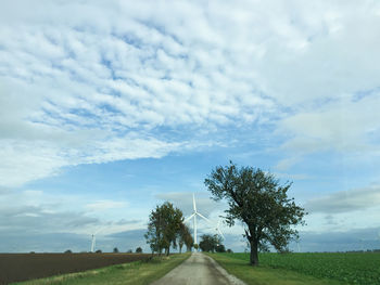 Road amidst trees on field against sky