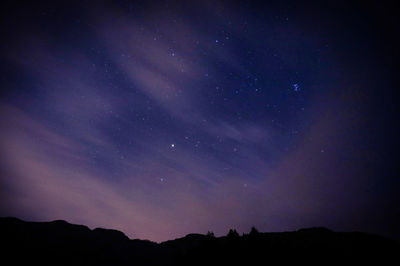 Low angle view of silhouette mountain against sky at night