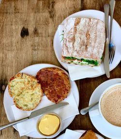 High angle view of breakfast served on table