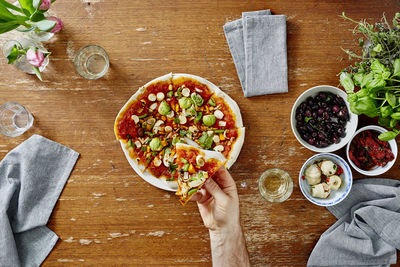 High angle view of food served on table