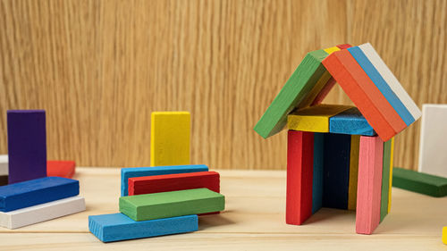 Close-up of toys on wooden table