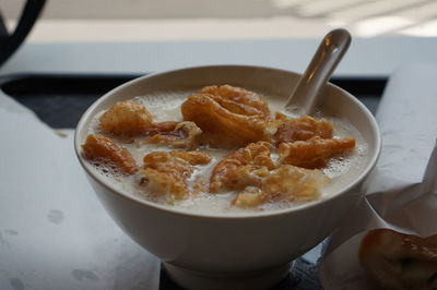 High angle view of dessert in bowl on table