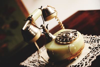 High angle view of telephone on table