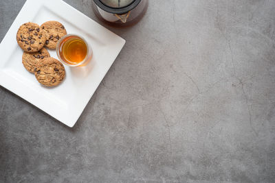 High angle view of breakfast served on table