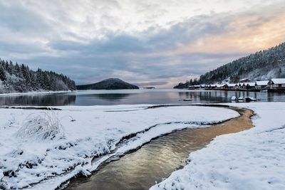 Scenic view of frozen lake against sky during winter