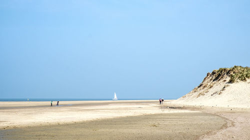 People on beach against clear sky