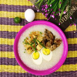 High angle view of breakfast served on table