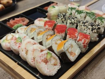 Close-up of sushi served on table