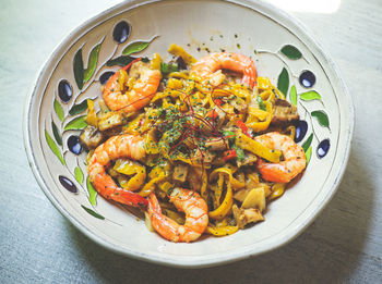 High angle view of food in plate on table