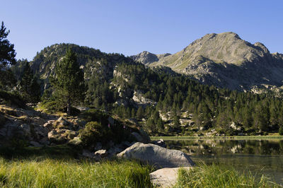 Scenic view of rocky mountains against clear sky