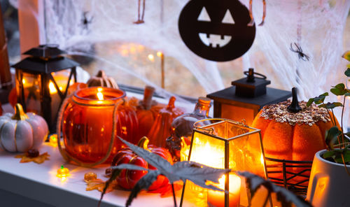 Close-up of illuminated lanterns