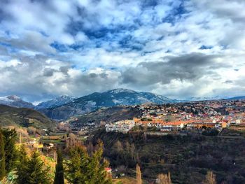 View of townscape against cloudy sky