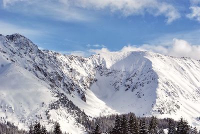 Scenic view of snow covered mountains against sky