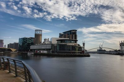 River by buildings against sky in city