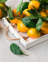 Close-up of fruits and leaves on table