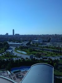 Aerial view of city against clear blue sky