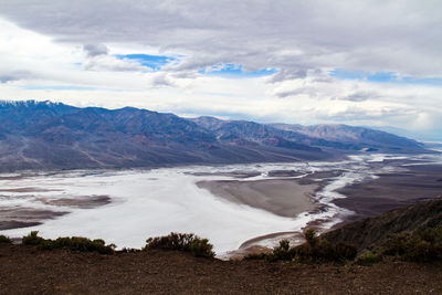 Scenic view of landscape and mountains against sky