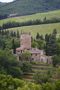 High angle view of cottage by trees and buildings