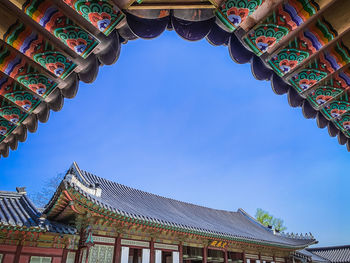 Low angle view of temple building against sky