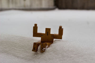 Close-up of snow on wood against sky