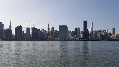 River by cityscape against sky