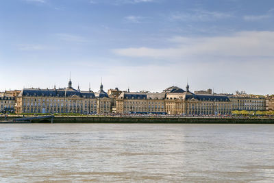 Bridge over river with buildings in background