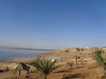 Scenic view of sea against clear blue sky