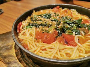 High angle view of noodles in bowl on table