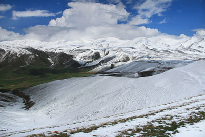 Winter alpine landscape with snow-capped mountains on the assy plateau