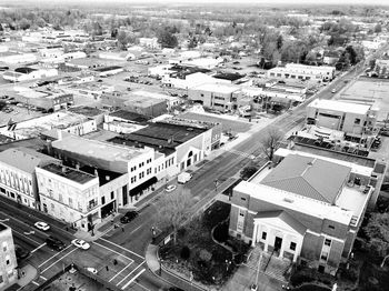 High angle view of street amidst buildings in city