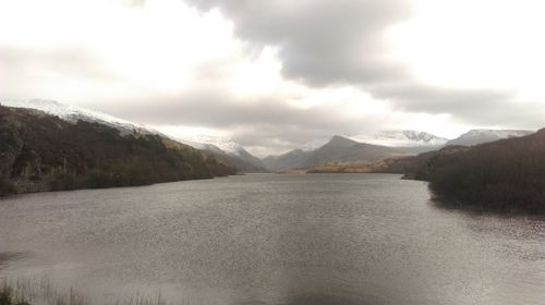 Scenic view of lake against cloudy sky