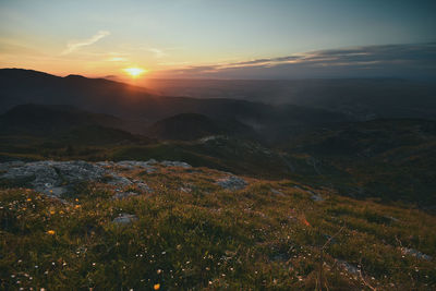 Aerial view of landscape against sky during sunset