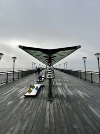 Rear view of men on pier against sky