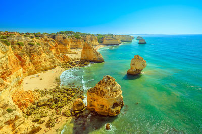 Scenic view of sea against clear blue sky