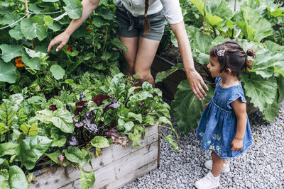 Mother searching while standing with daughter at vegetable garden