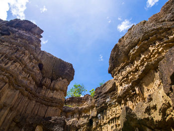 Low angle view of rock formation against sky