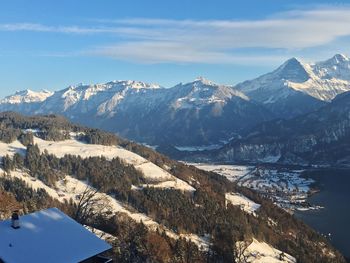 Scenic view of snowcapped mountains against sky