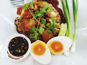 High angle view of meal served on table