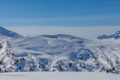 Traces of skiers and snowboarders on white snowy meadows under mount pore