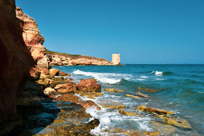 Scenic view of sea against clear blue sky