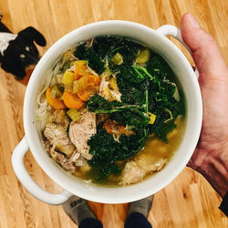 High angle view of soup in bowl on table