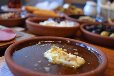 Close-up of food served on table