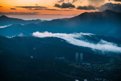 Scenic view of mountains against sky at sunset