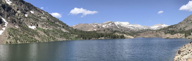 Panoramic view of lake and mountains against sky