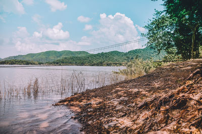 Scenic view of river against mountain