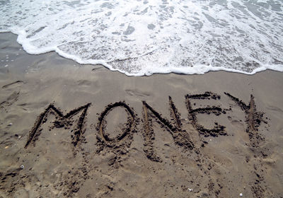 High angle view of text on beach