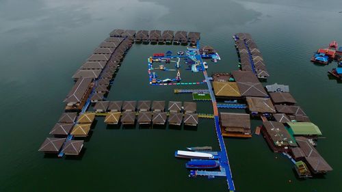 High angle view of ship in lake against sky