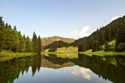 Scenic view of calm lake against mountain range